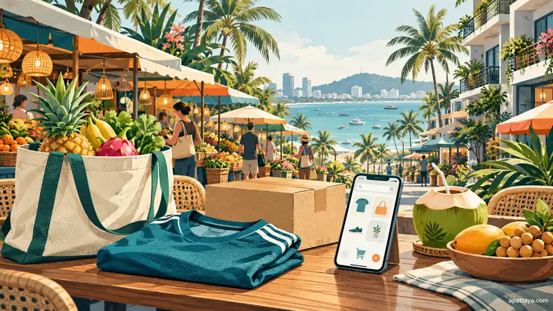 Illustrated shopping bag, parcel and phone beside a market.